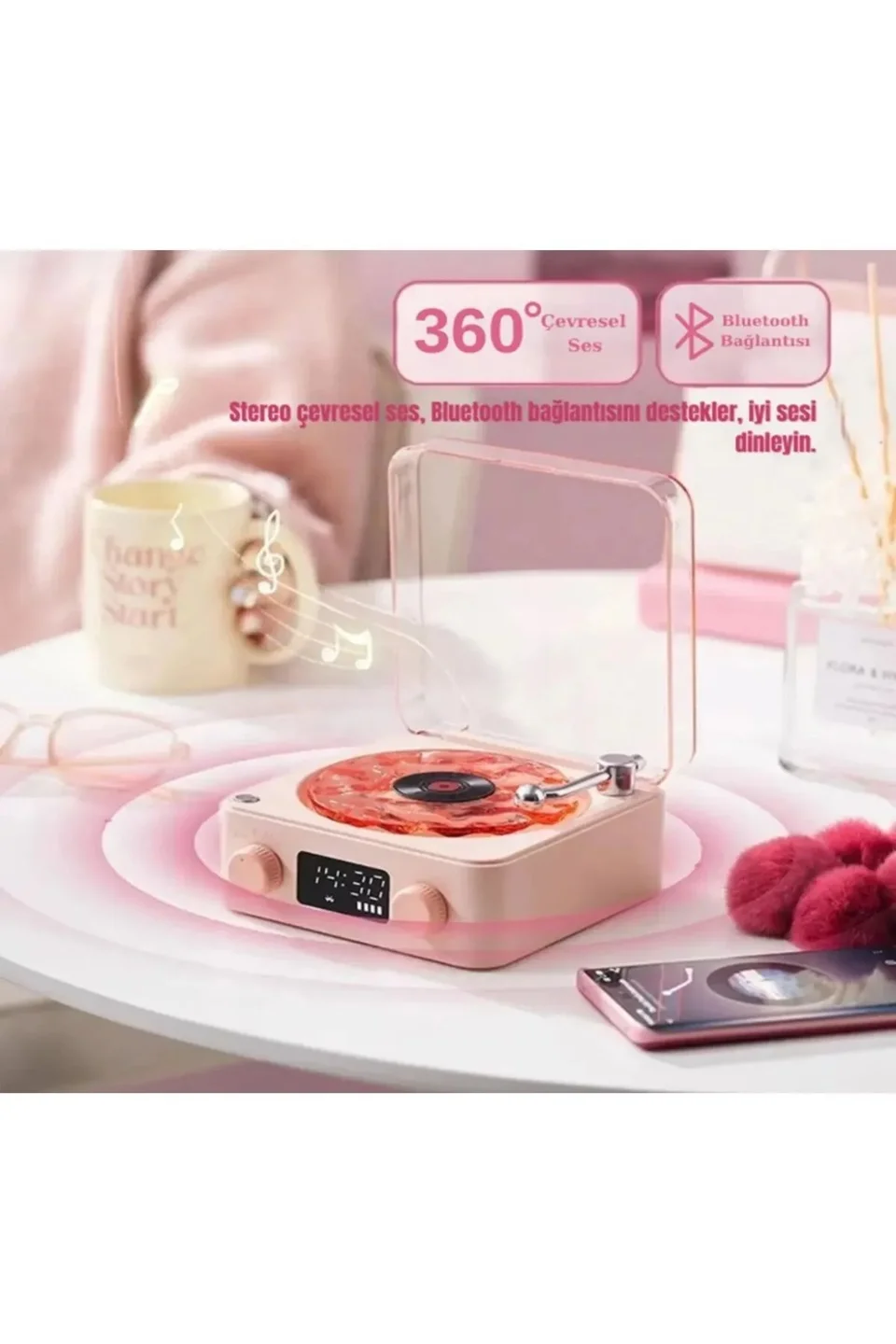 Waves Nostalji Plak Görünümlü Bluetooth Hoparlör 3D Ses Dalgası Retro Müzik Plak pembe görsel 4