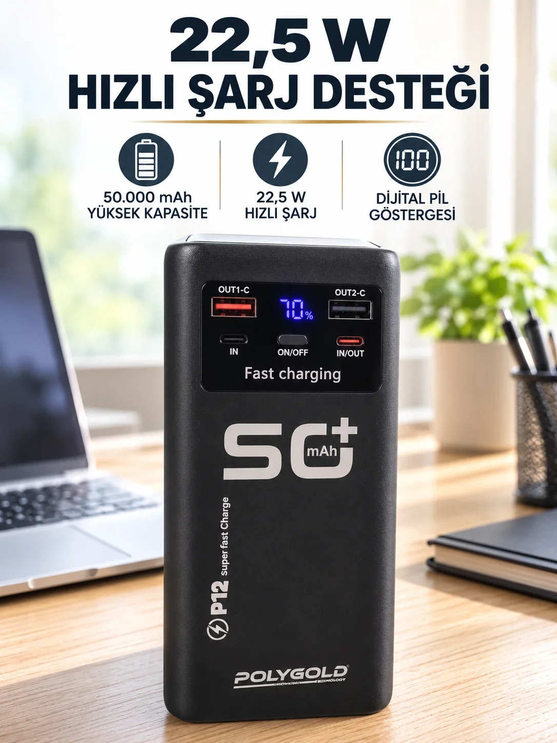 Yüksek Kapasiteli 50.000 mAh Powerbank 22,5 W Hızlı Şarj 4 Dahili Kablo LED Aydınlatma