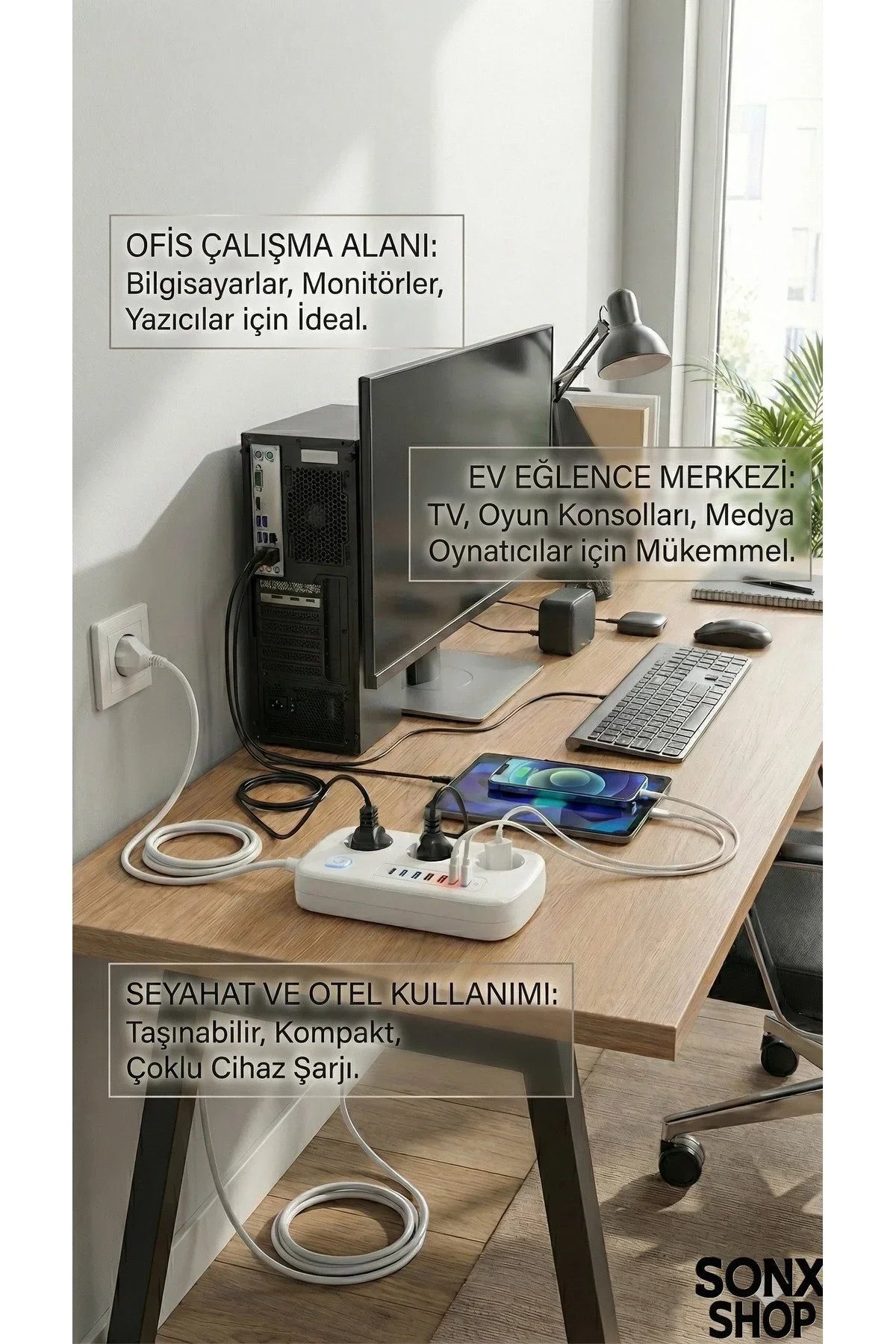2500W Çoklu Priz 2 METRE – 3’lü AC Priz +5 USB Çıkışı AKIM KORUMALI Alev Almayan Gövde, görsel 2