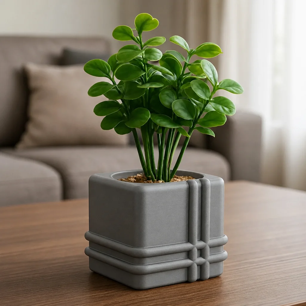 3D Baskı Square Planter - Izgara Desenli Küp Saksı-Gri görsel 2