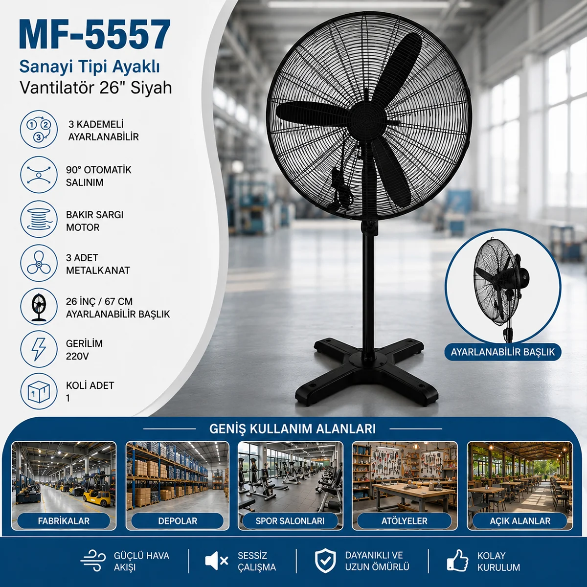 Ayaklı Sanayi Tipi Vantilatör - Metal Pervane, 3 Kademe, 220V görsel 2