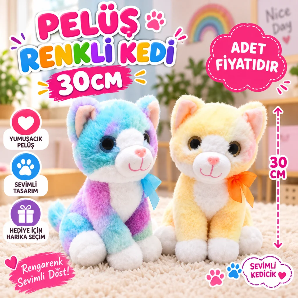 PELUŞ 30CM RENKLİ KEDİ (adet fiyatıdır) görsel 3