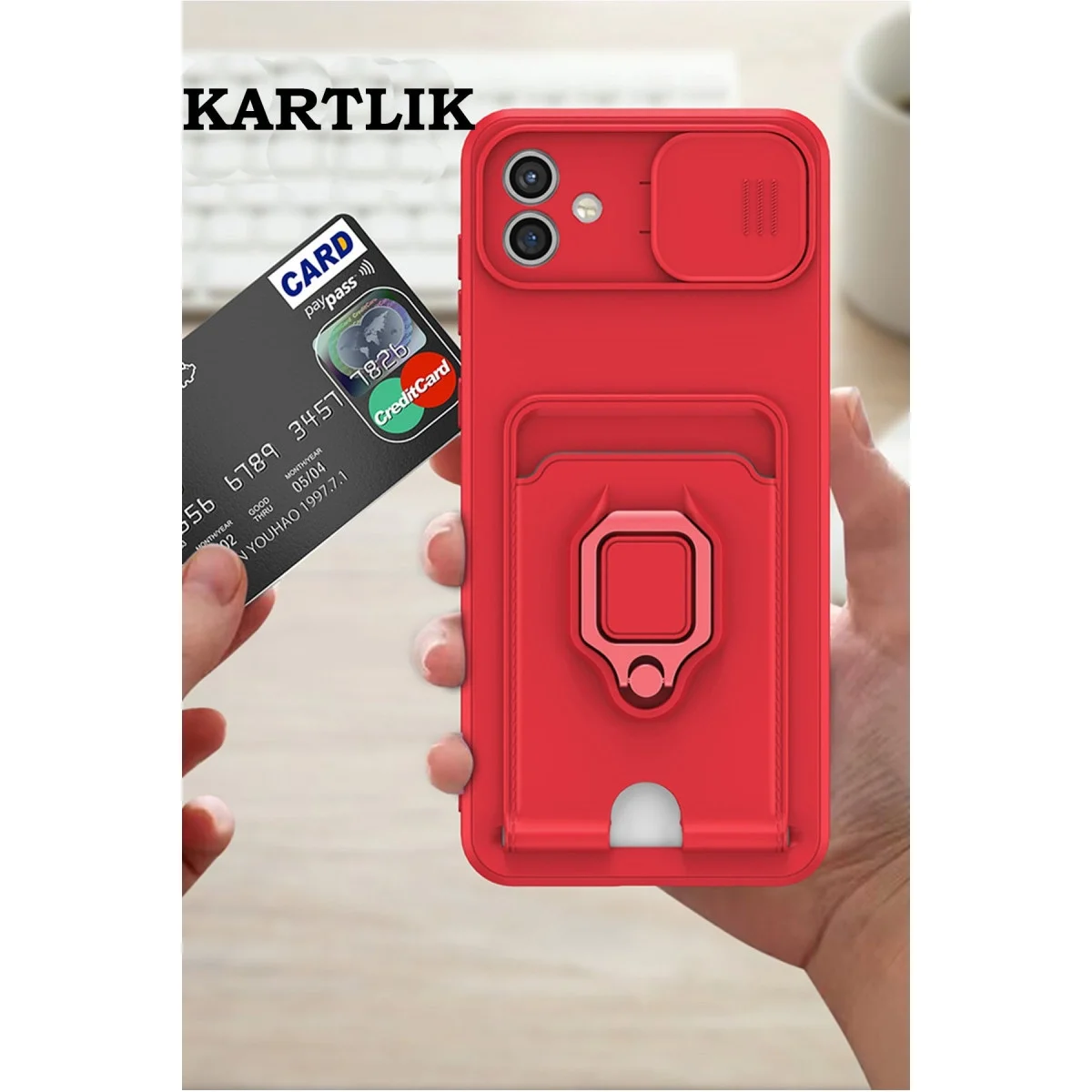 Samsung Galaxy A05 Kılıf Zuma Kartvizitli Yüzüklü Silikon - Kırmızı görsel 4