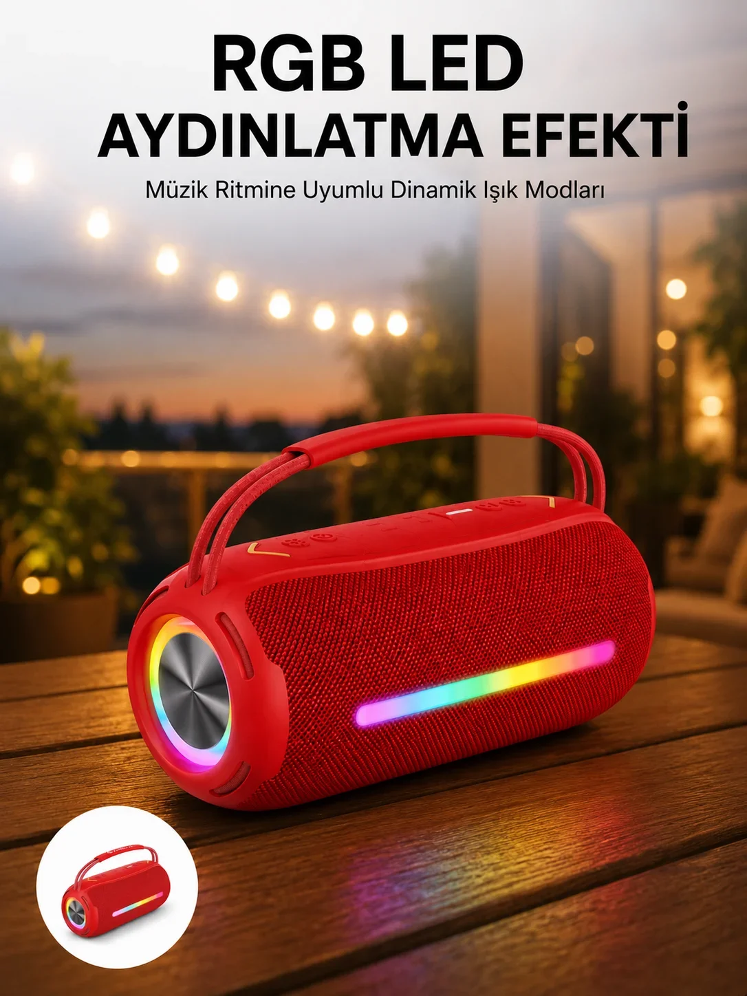 360 RGB LED'li Taşınabilir Bluetooth Hoparlör – Kırmızı, USB/TF Destekli