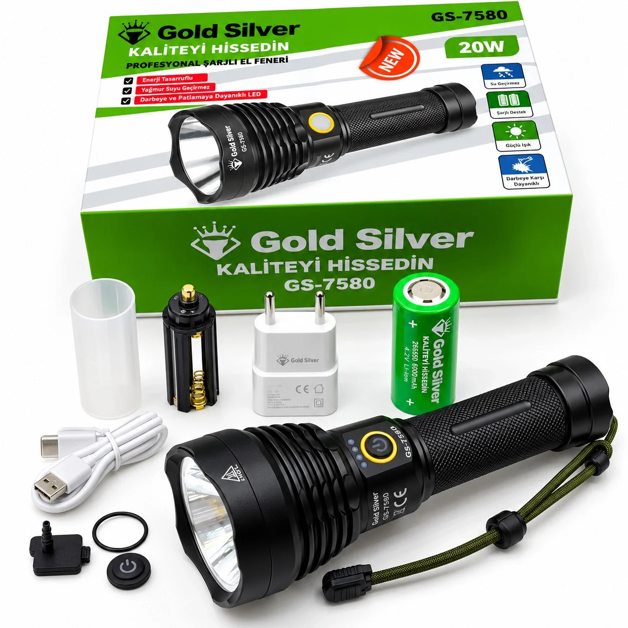 GS-7580 20 Watt 1200 Lümen Süper LED Profesyonel Şarjlı El Feneri