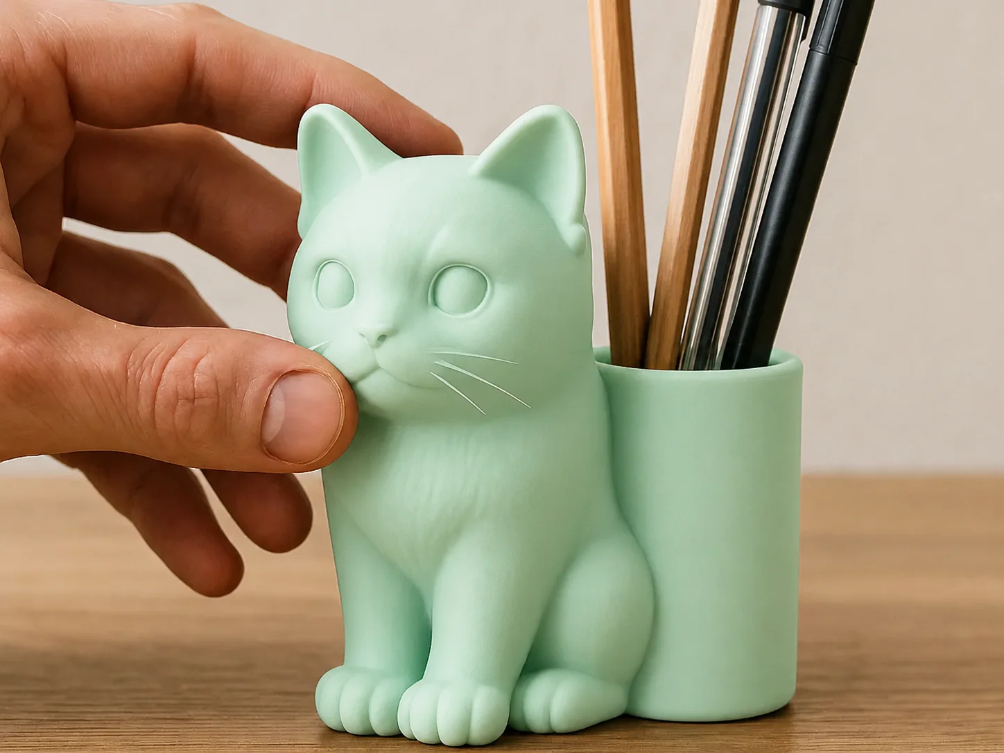 3D Baskı Kedi Figürlü Kalemlik - Masaüstü Organizer - Mint