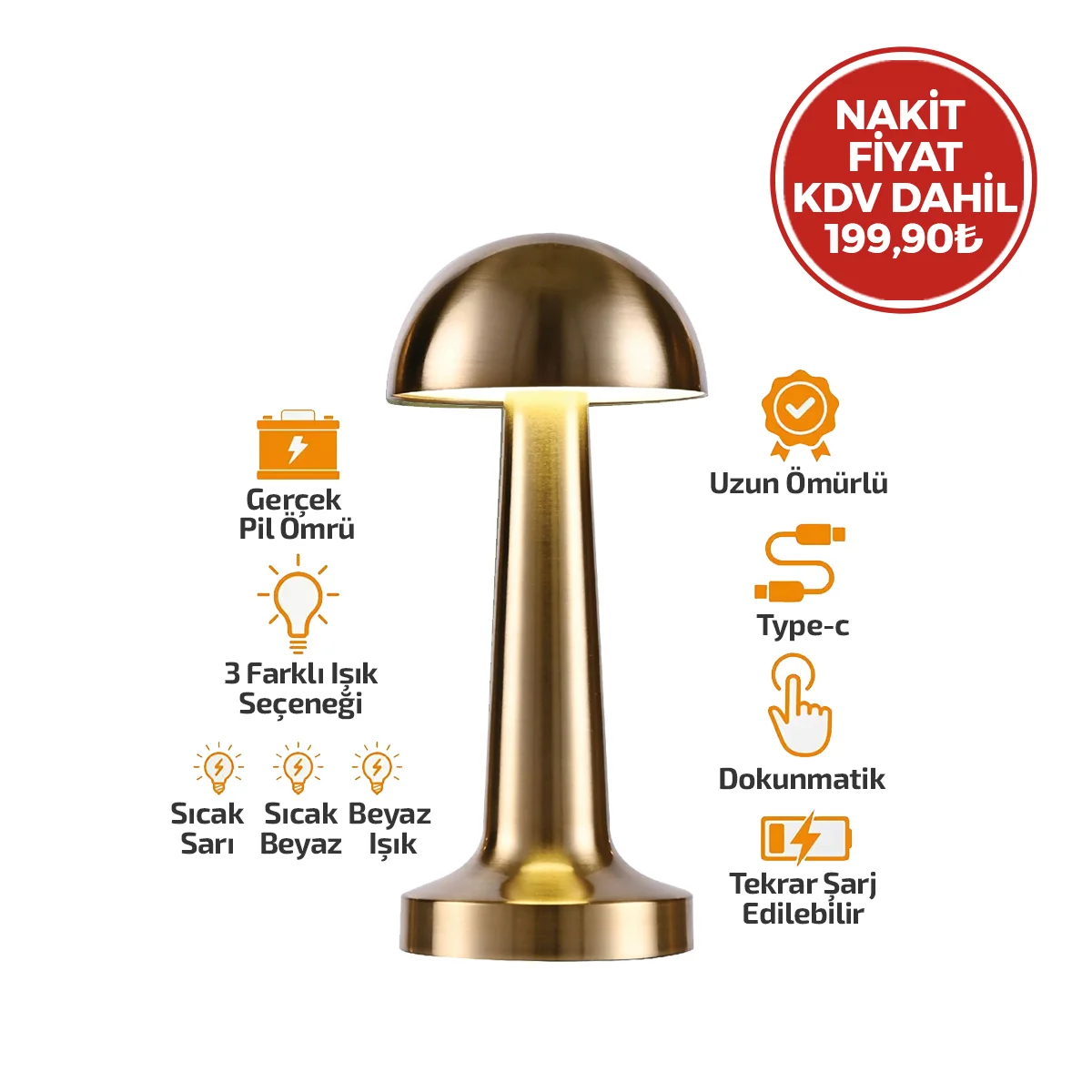 Oval Metal Mantar Masa Lambası - Dokunmatik Type-C 3 Mod görsel 2