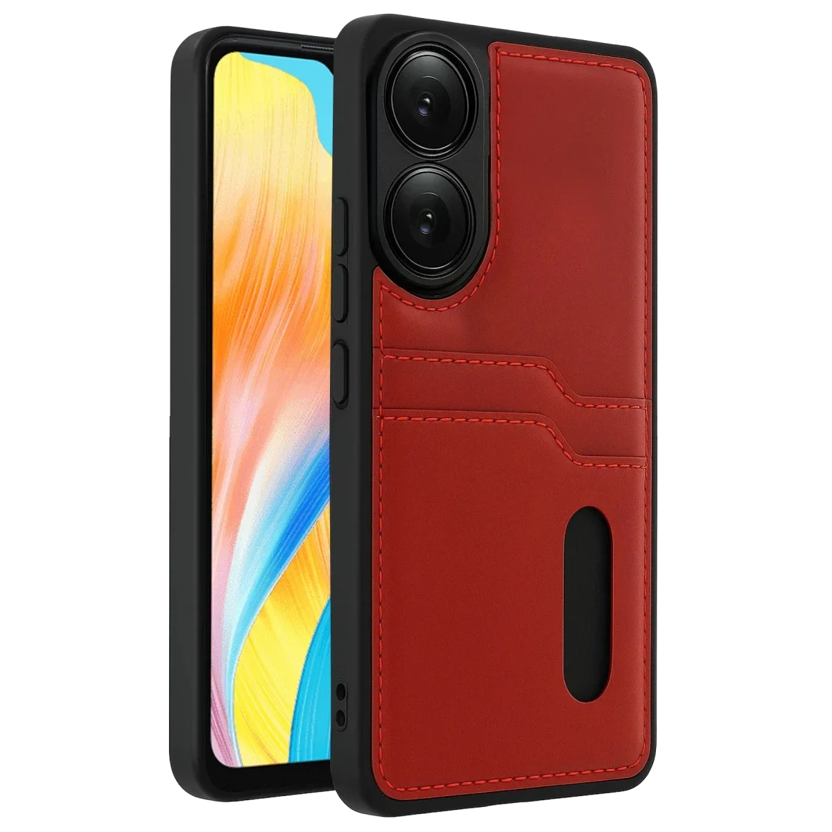 Oppo A38 Sara Kartvizitli Deri Kılıf - Kırmızı