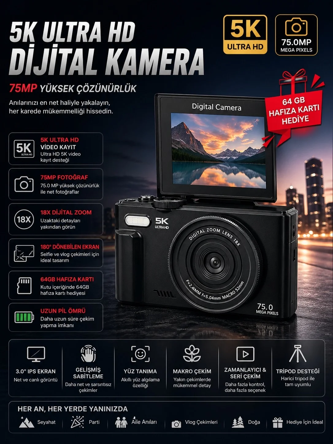 5K 75MP HD Dijital Kamera 18X Dijital Zoom, Flaşlı,3.0 inç Ekranlı Fotoğraf Makinesi