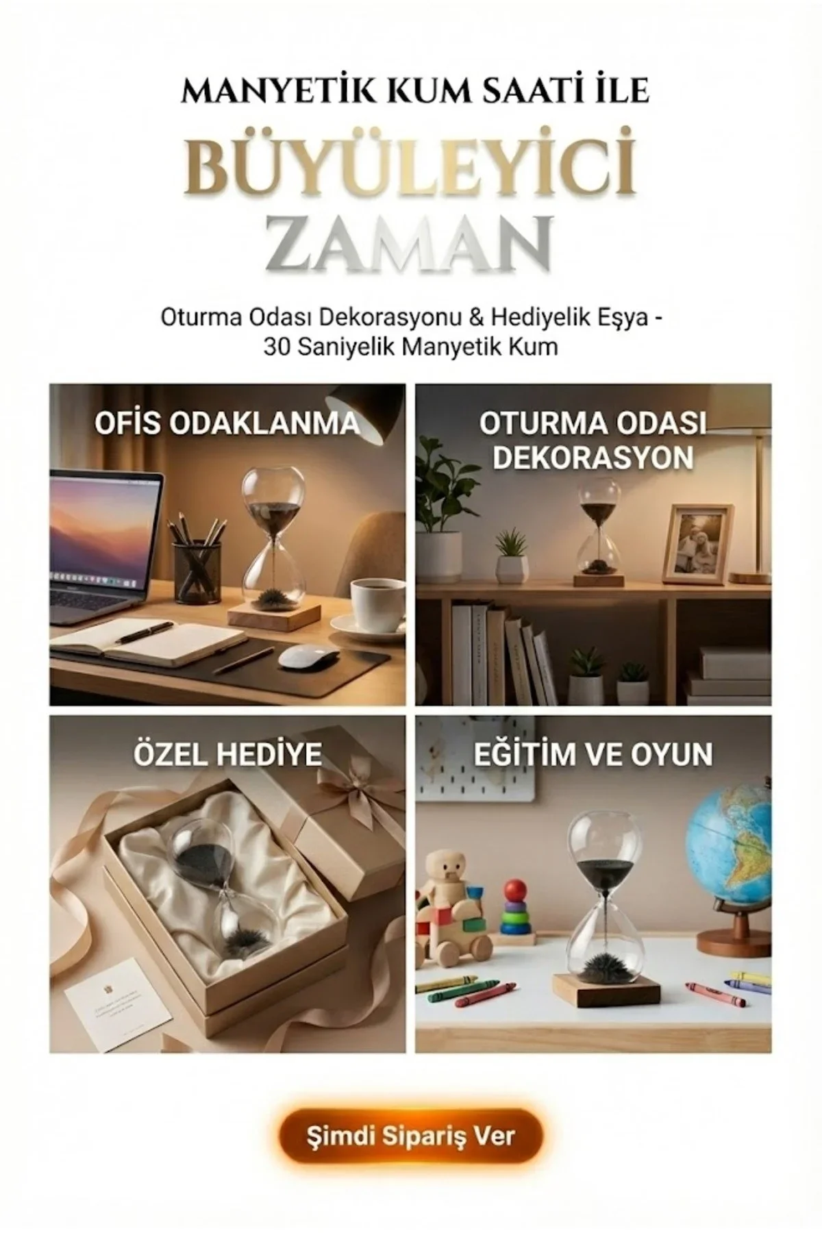 Manyetik Kum Saati Mıknatıslı Ahşap Standlı Dekoratif Masaüstü Hediyelik Süs Eşyası (14 cm) görsel 4