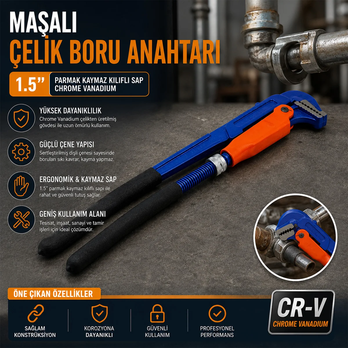1.5" Maşalı Çelik Boru Anahtarı (CR-V) görsel 2