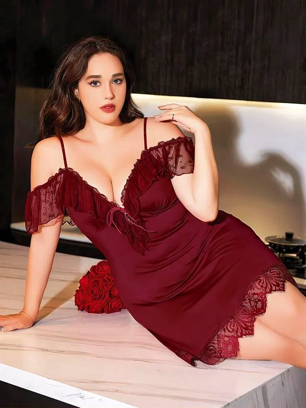 Büyük Beden Bordo Dantel İşlemeli İnce Askılı Gecelik görsel 2