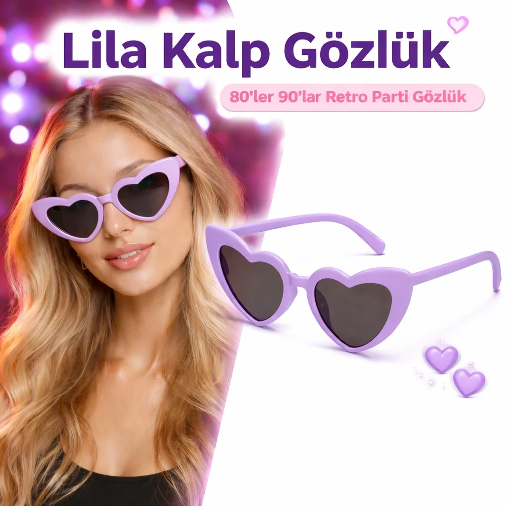 Mor Lila Retro Kalp Gözlük – 80’ler 90’lar Stil Parti Gözlüğü görsel 2