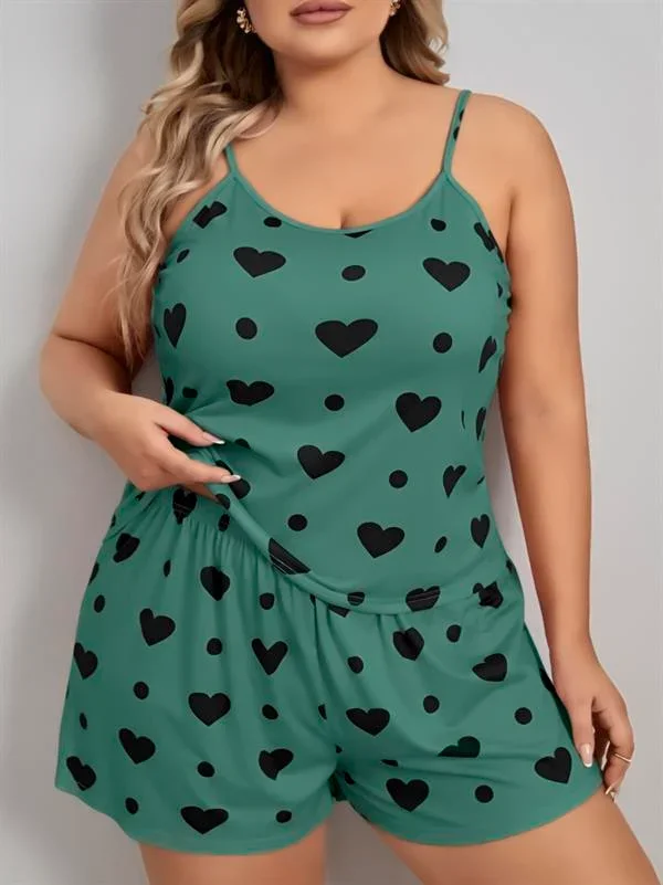 Büyük Beden Yeşil Kalp Desen Pamuklu Şortlu Pijama Takımı görsel 2