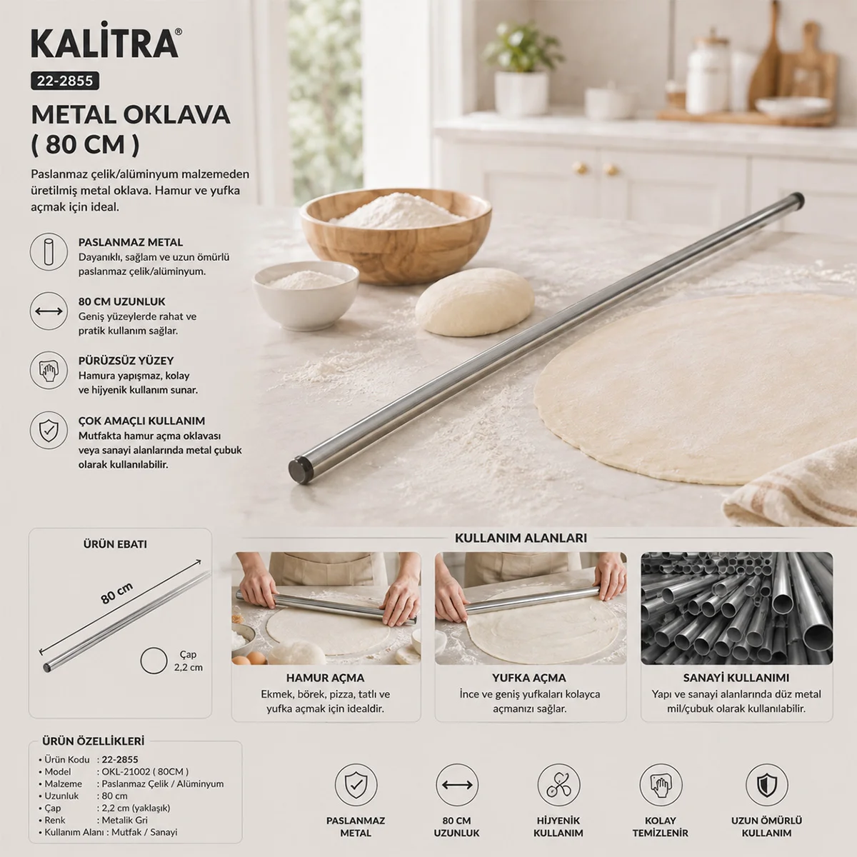 Alüminyum Metal Oklava 80 cm görsel 2