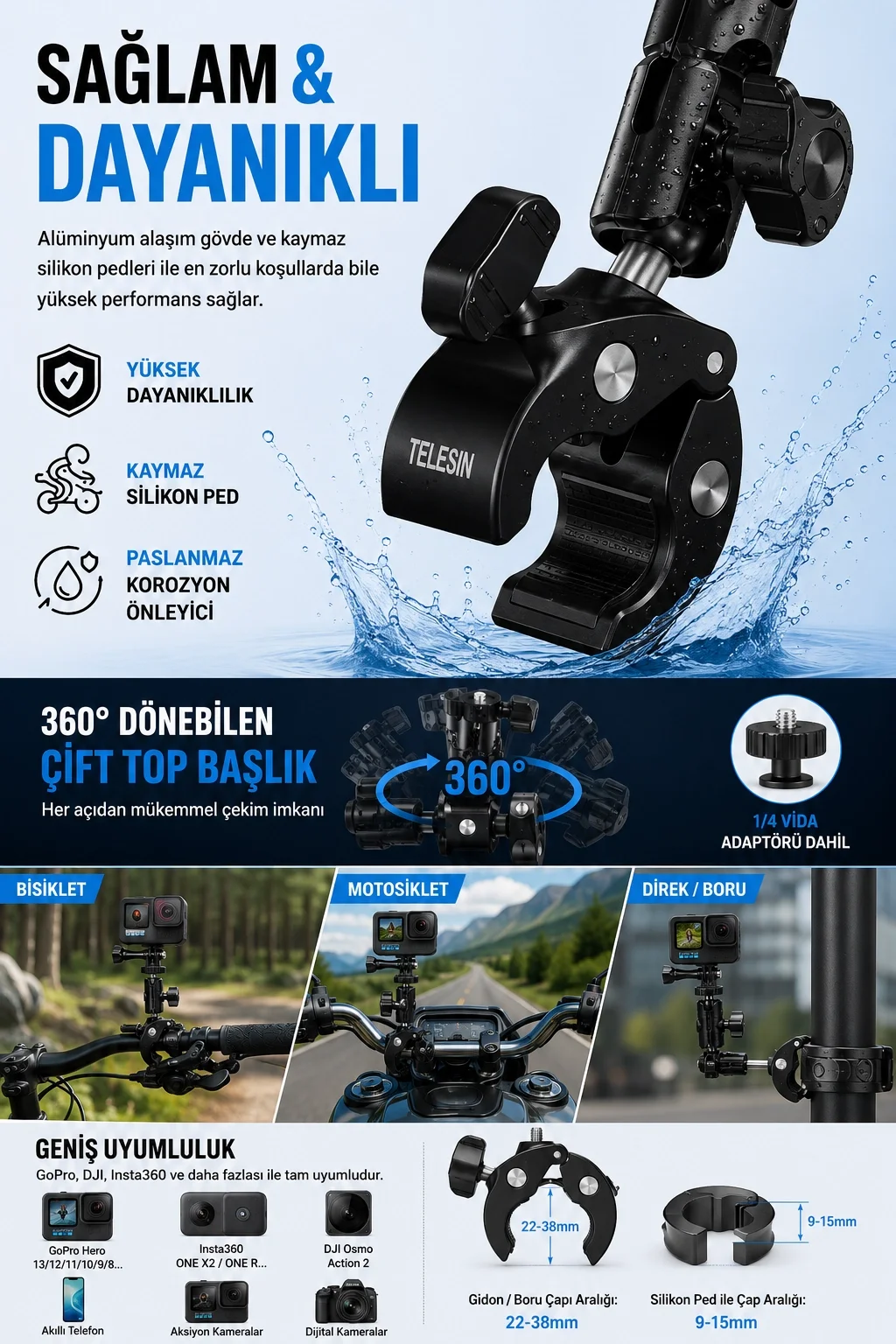 Motosiklet Bisiklet Gidon Kamera Montaj Metal Kelepçesi 360° Döner Metal Tutucu görsel 2