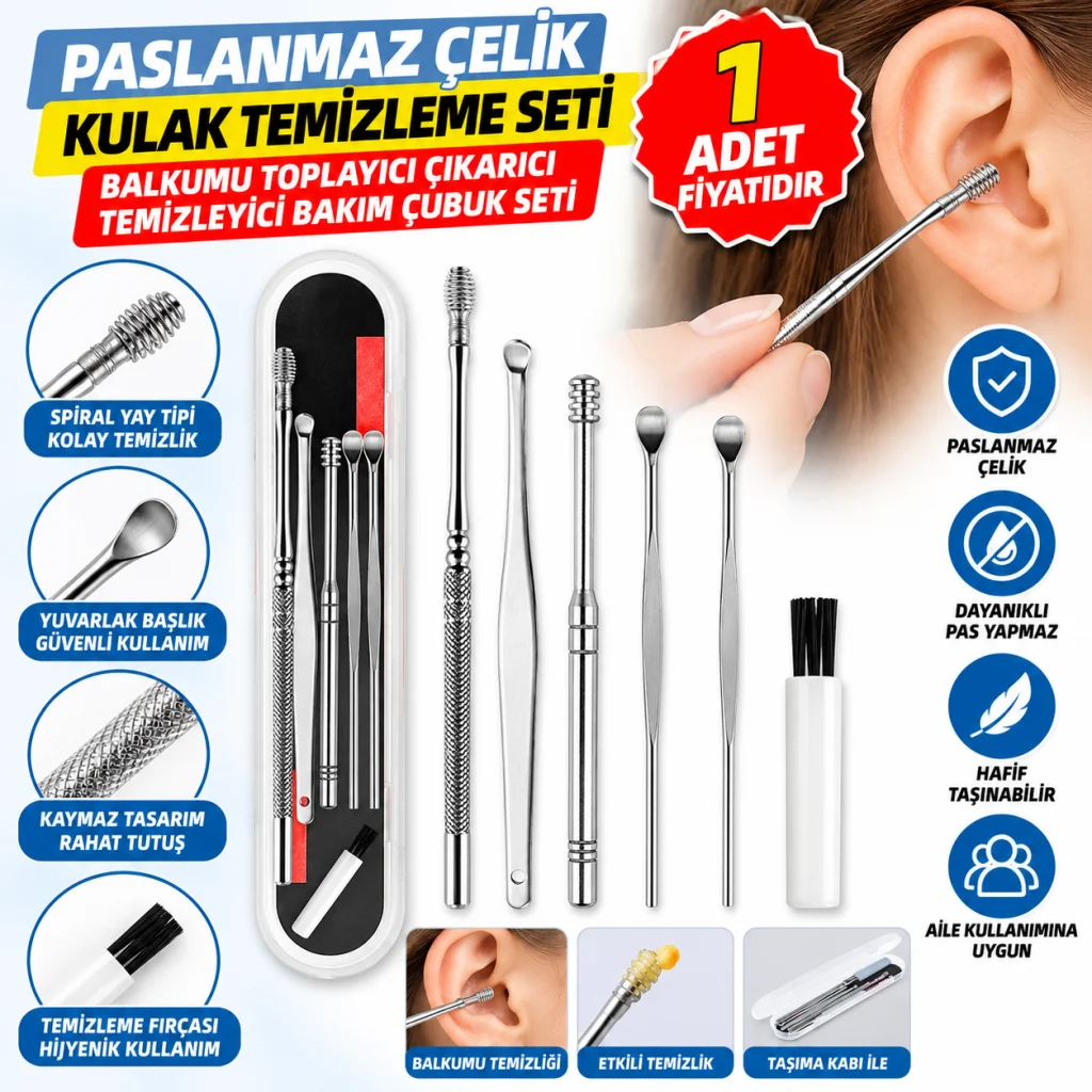 6 Parça Paslanmaz Çelik Kulak Balmumu Toplayıcı Çıkarıcı Temizleyici Bakımı Çubuk Seti