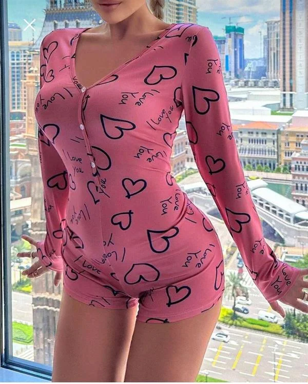 Pamuklu Pembe Siyah Kalp Desenli Düğmeli Uzun Kol Tulum Pijama görseli