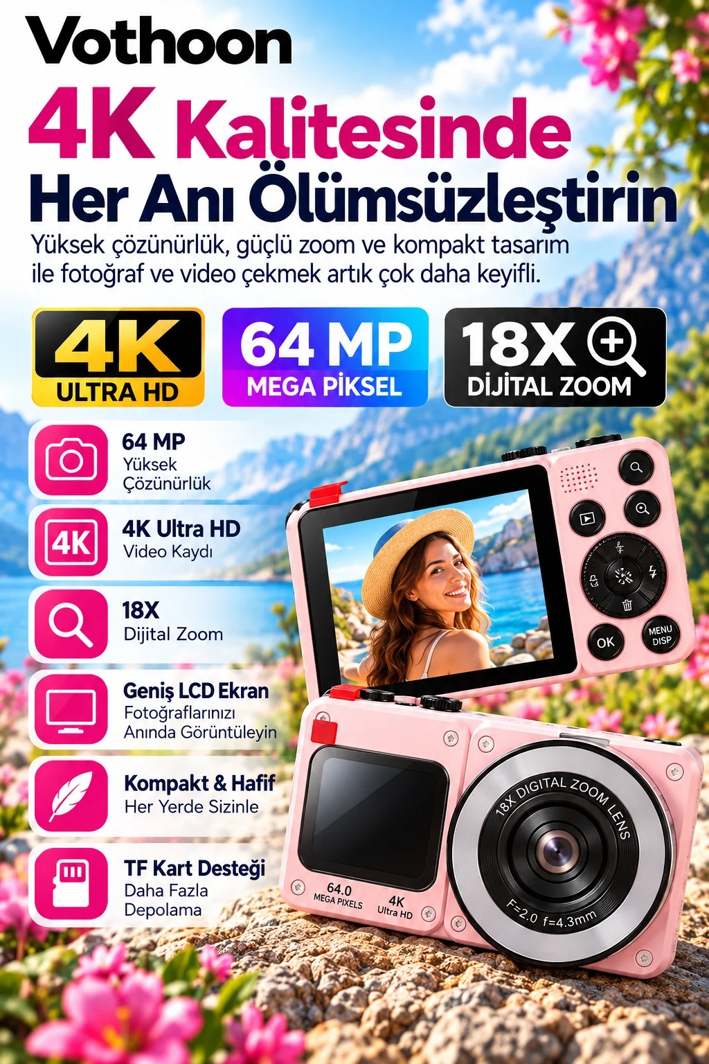4K Dijital Fotoğraf Makinesi 18X Dijital Zoom 64 MP Ön ve Arka Ekranlı Kompakt Kamera Pembe