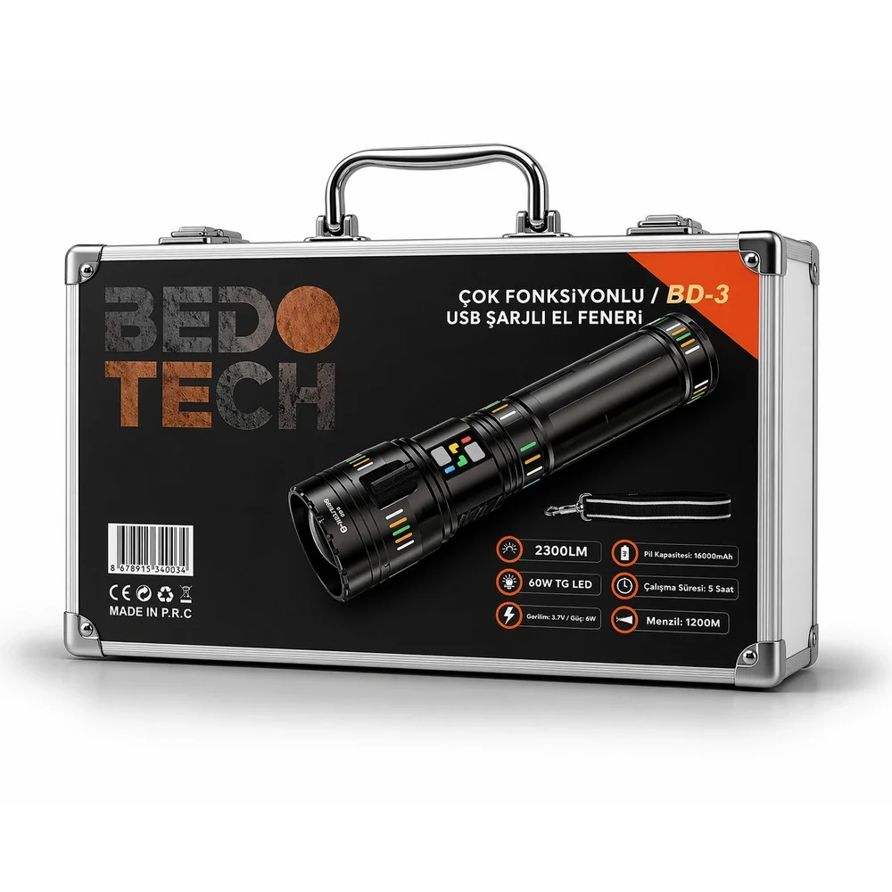 BD-3 60W TG LED Alüminyum Alaşımlı Zoomlu Type-C Renkli Pil Göstergeli Şarjlı El Feneri görsel 3
