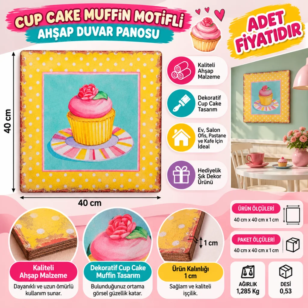 Duvar Panosu 40*40 Cup Cake Muffin Motifli Duvar Süsü (adet fiyatıdır)
