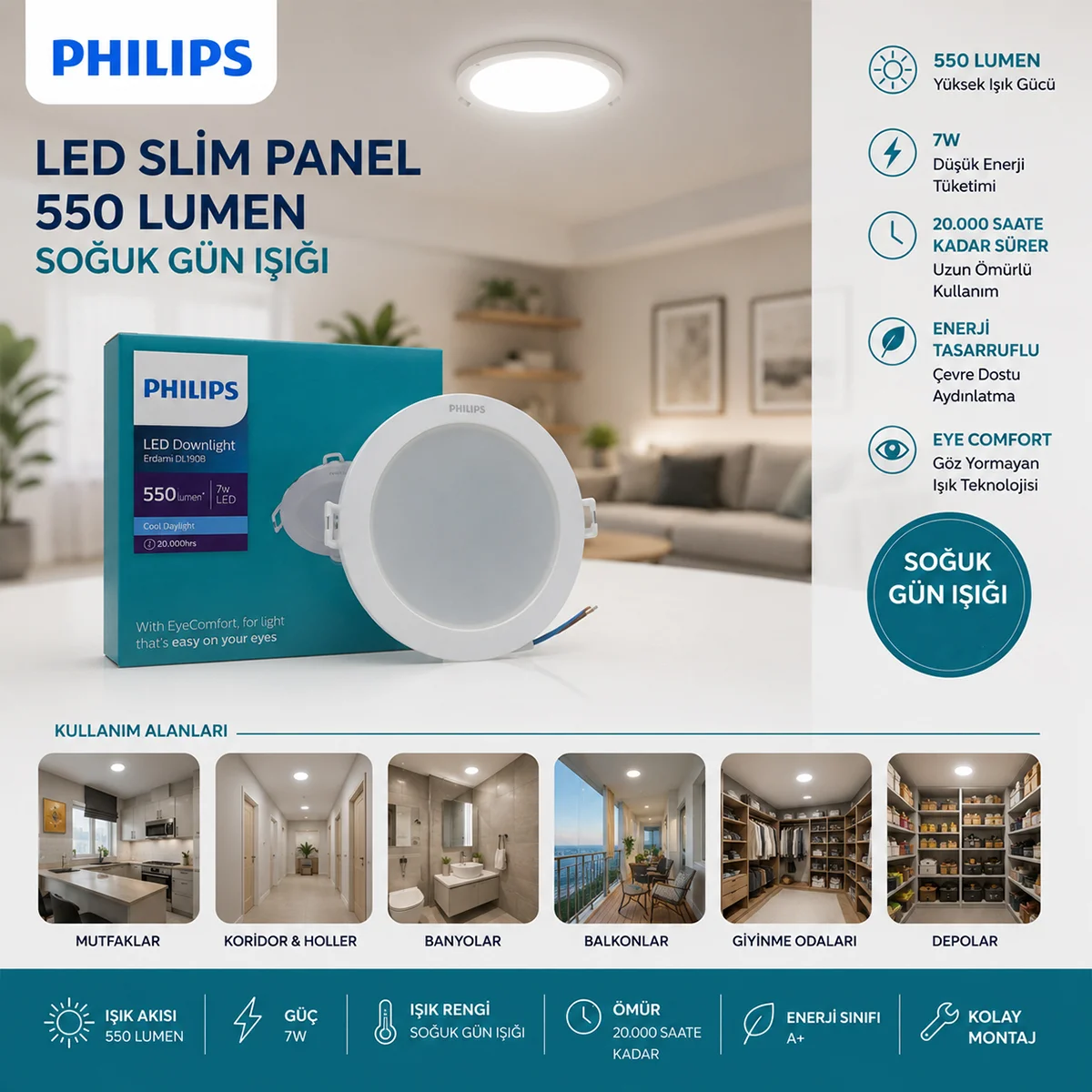 7W Yuvarlak Sıva Altı LED Slim Panel - 550 lm, 20.000 Saat görsel 2