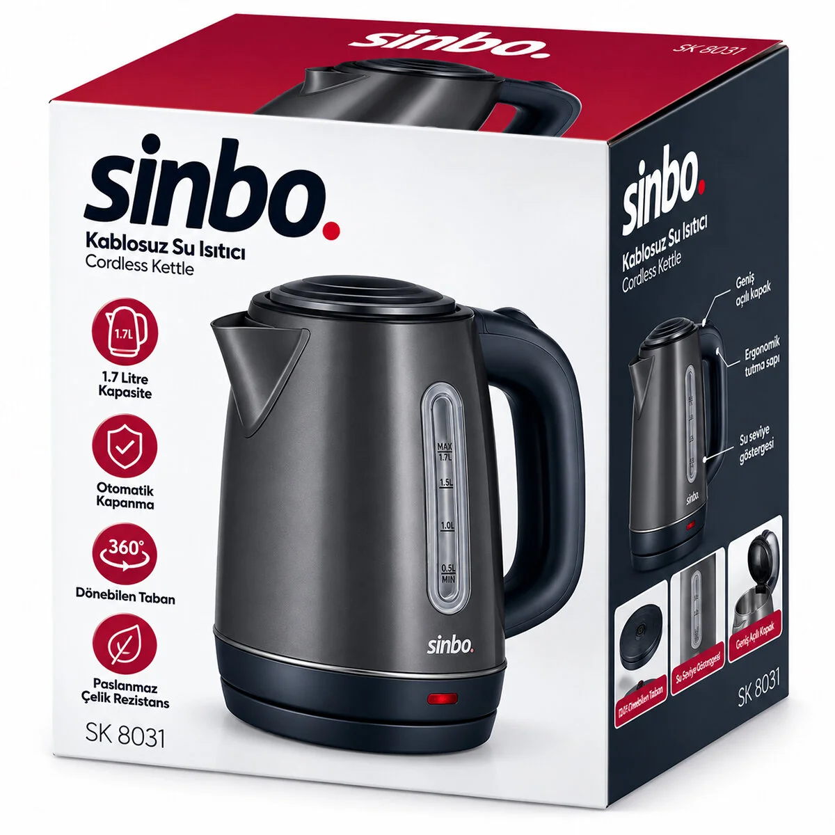 Gri Çelik Kettle Su Isıtıcısı Kablosuz Kullanım 1.8LT 360 Derece Dönebilme Otomatik Kapanma SK-8031 görsel 3
