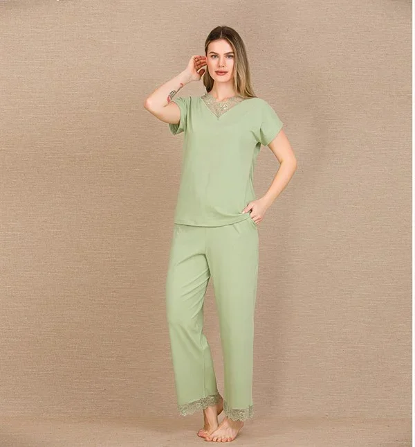Pamuklu Şık Tasarım Dantel İşlemeli Yeşil Kısa Kol Pijama Takımı görseli