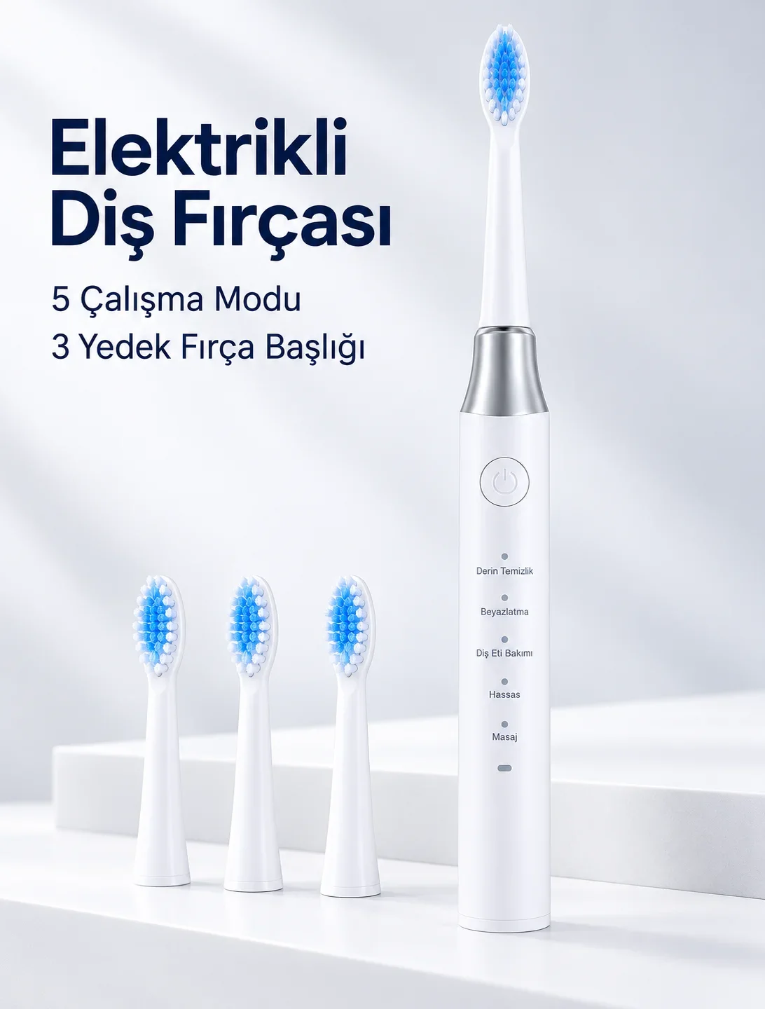 3 Yedek Başlık Hediyeli USB Şarjlı Beyaz Elektrikli Diş Fırçası