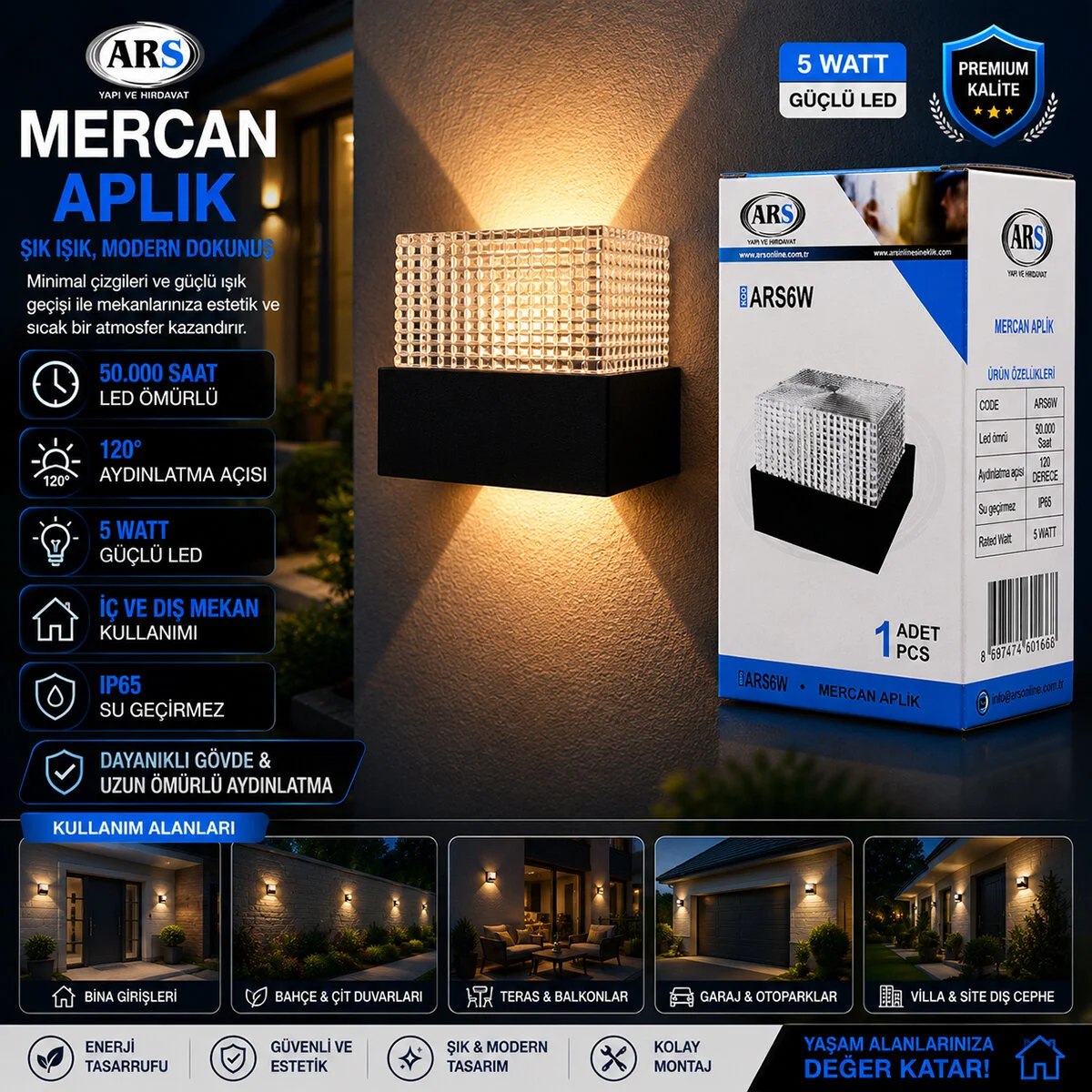 IP66 50.000 Saat Led Ömrü 5W Mercan Led Aplik Duvar Lambası ARS-348957 görsel 2