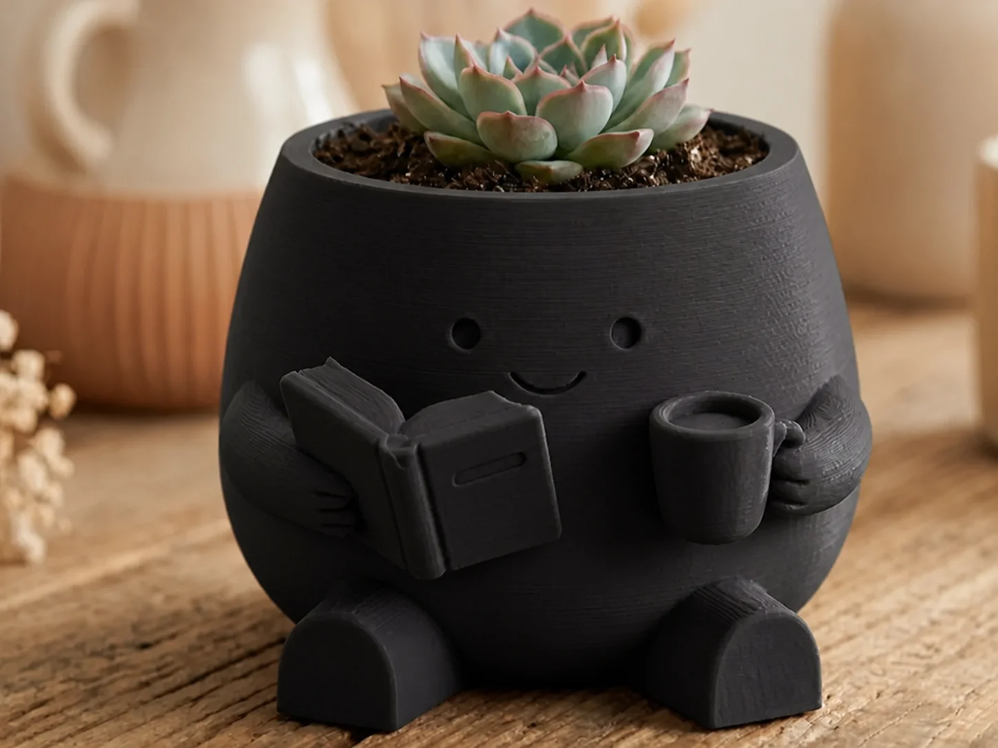3D Baskı Kitap Okuyan Saksı - Kupa Tutan Sevimli Saksı-Siyah