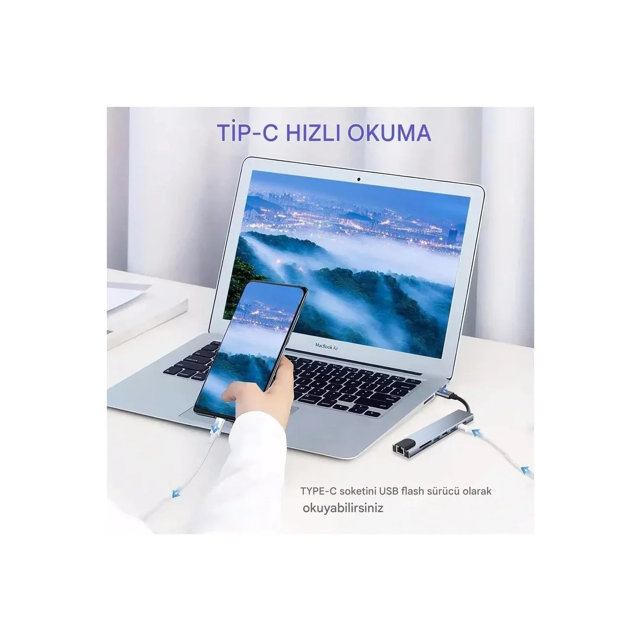 MacBook ve Laptop Uyumlu Çok Fonksiyonlu USB-C Dönüştürücü - Alünyum Gövdeli Hub görsel 2