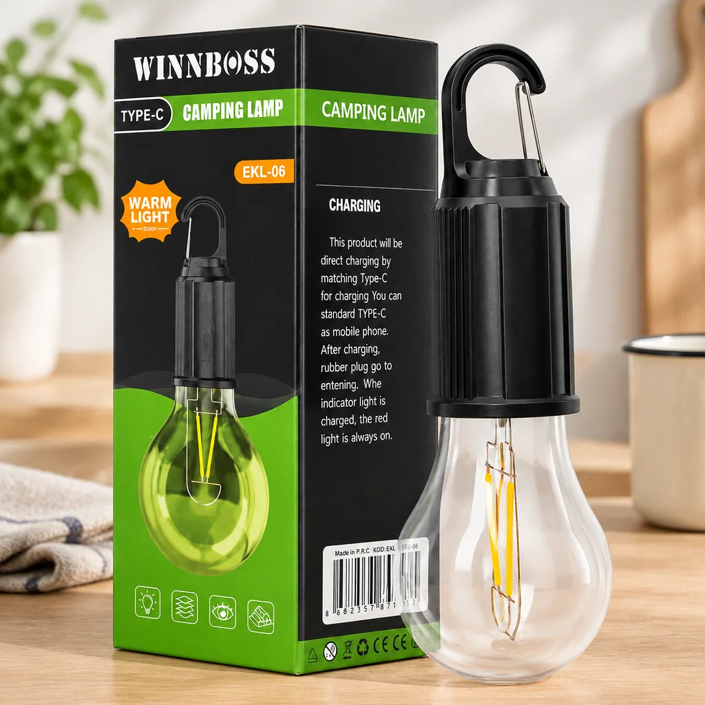 USB Şarjlı Rustik Kamp Lambası - 3 Kademe, Mandallı Askılı