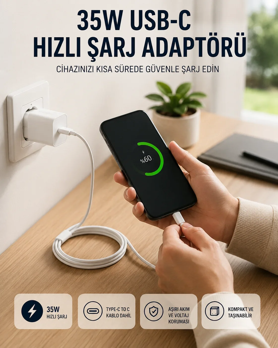 Type-C to C Kablolu 35W Hızlı Şarj Başlığı Set