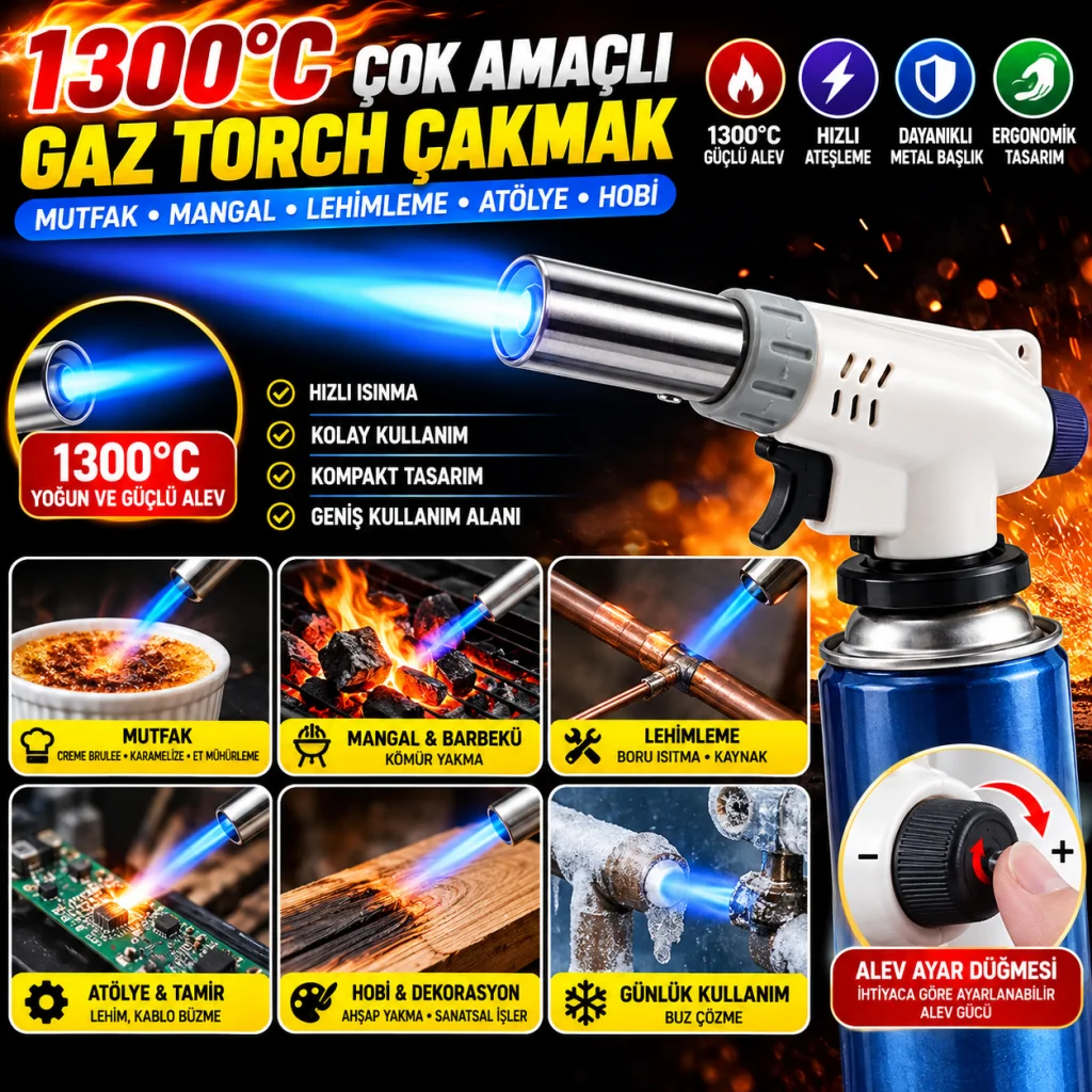 1300°C Çok Amaçlı Gaz Torch Çakmak - Mutfak, Mangal, Lehimleme Pürmüz Alev Tabancası