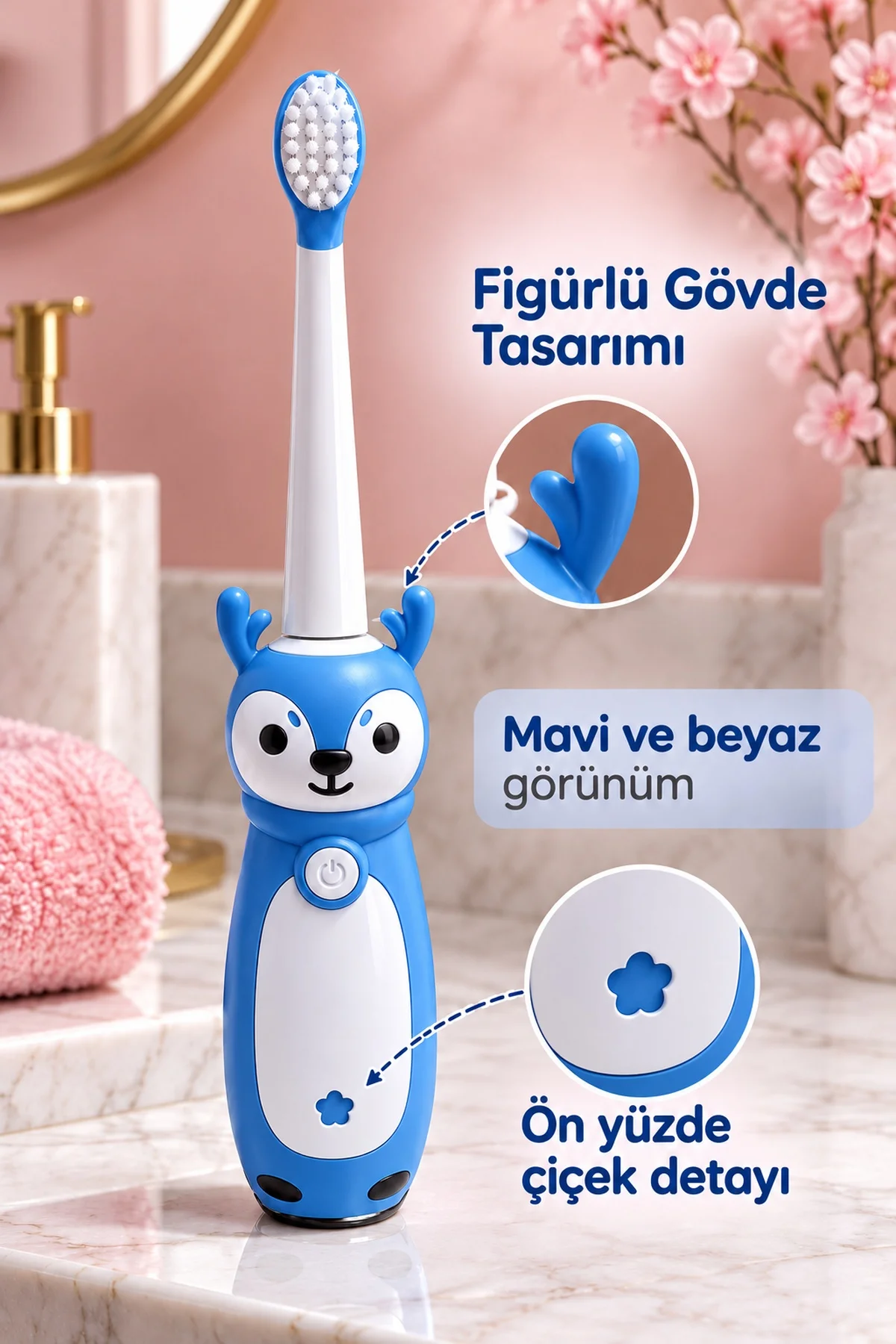 Çocuk Elektrikli Diş Fırçası Mavi Geyik Figürlü Şarjlı görsel 2