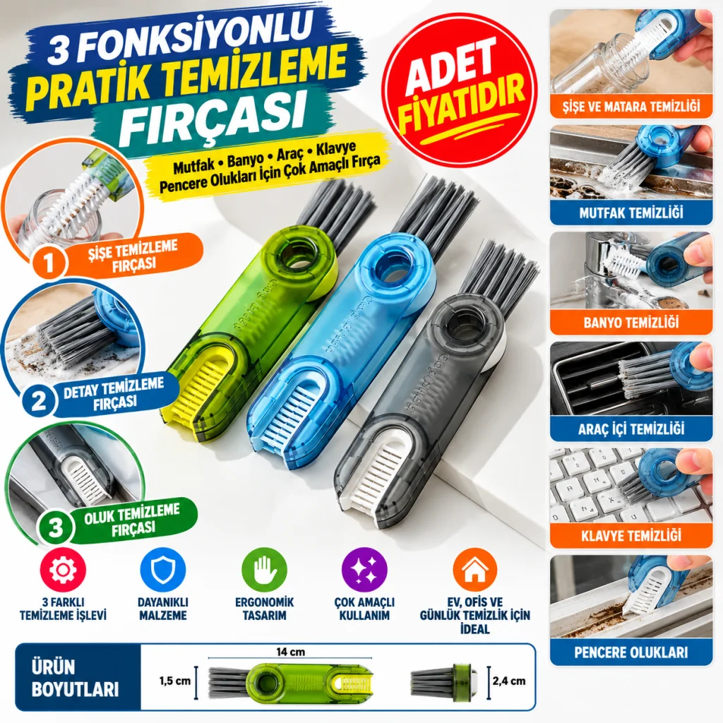 3 Fonksiyonlu Pratik Şişe Temizleme Fırçası Mutfak Banyo Araç İçin Çok Amaçlı Fırça (adet fiyatıdır)