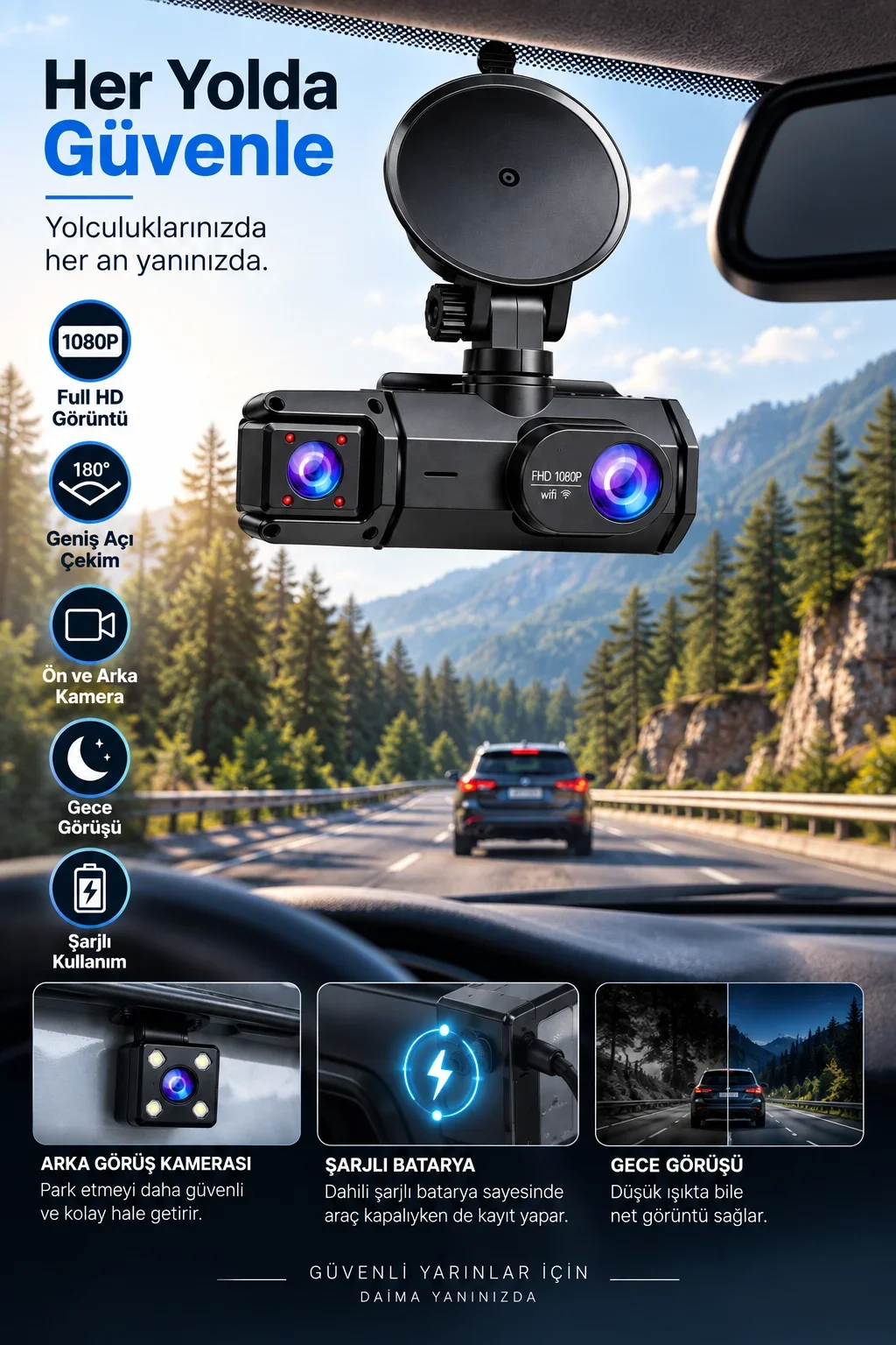 Ön Arka Kayıt 1080P Full HD 180° Geniş Açı Şarjlı Kullanım