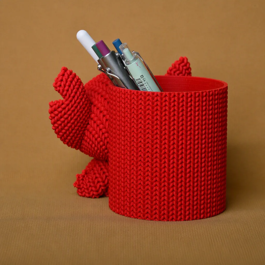 3D Baskı Knitted Kalemlik - Sevimli Karakterli Masaüstü Kalem Organizeri-Kırmızı görsel 2