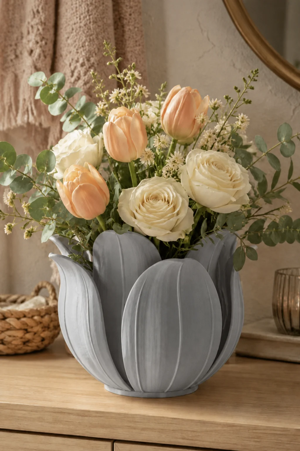 3D Baskı Lotus Yapraklı Vazo - Dekoratif Çiçeklik-Gri görsel 2