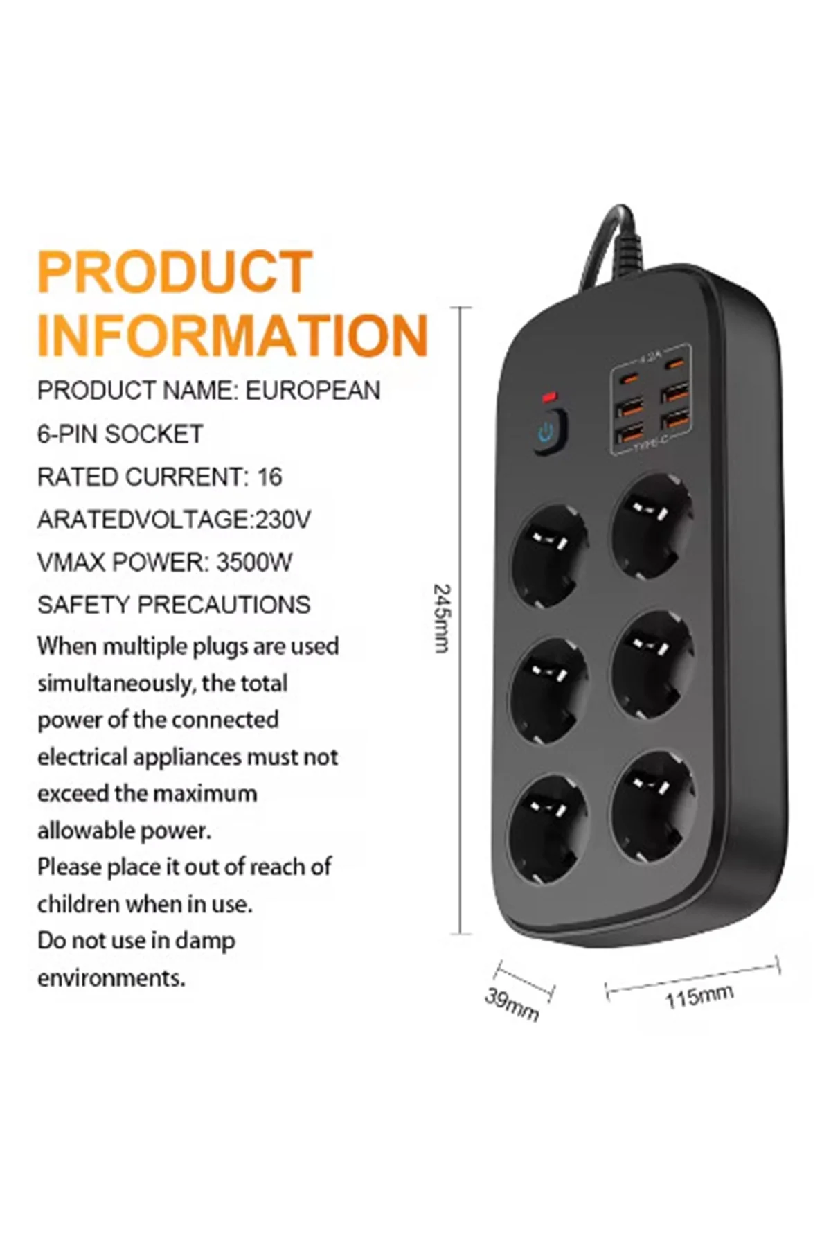 Termal Akım Korumalı 6’lü Priz 4x USB 2x Type-C Çıkışlı Grup Priz Çoğaltıcı (3500W) Siyah görsel 5