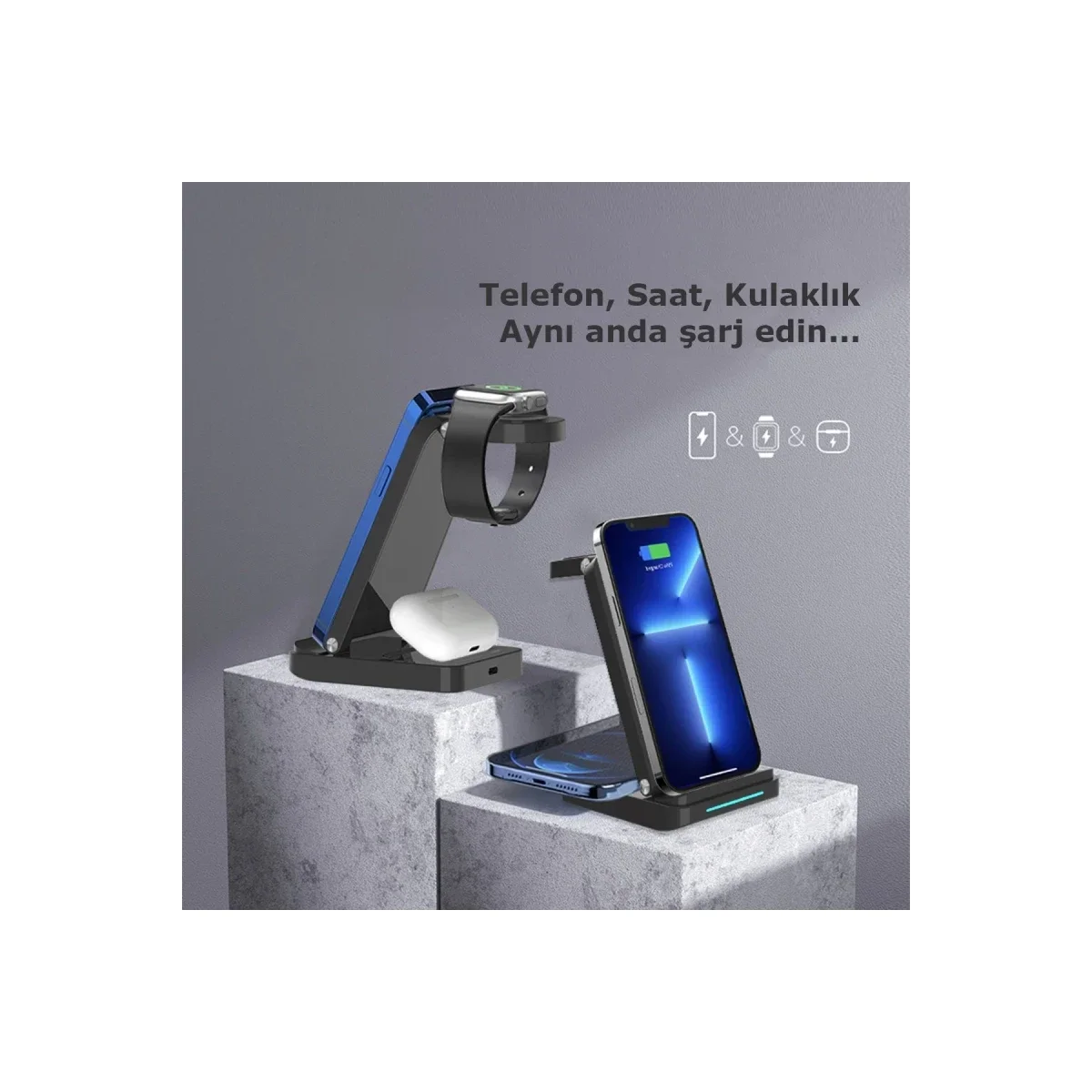 S90 4in1 Kablosuz Şarj Masaüstü Set - Siyah görsel 2