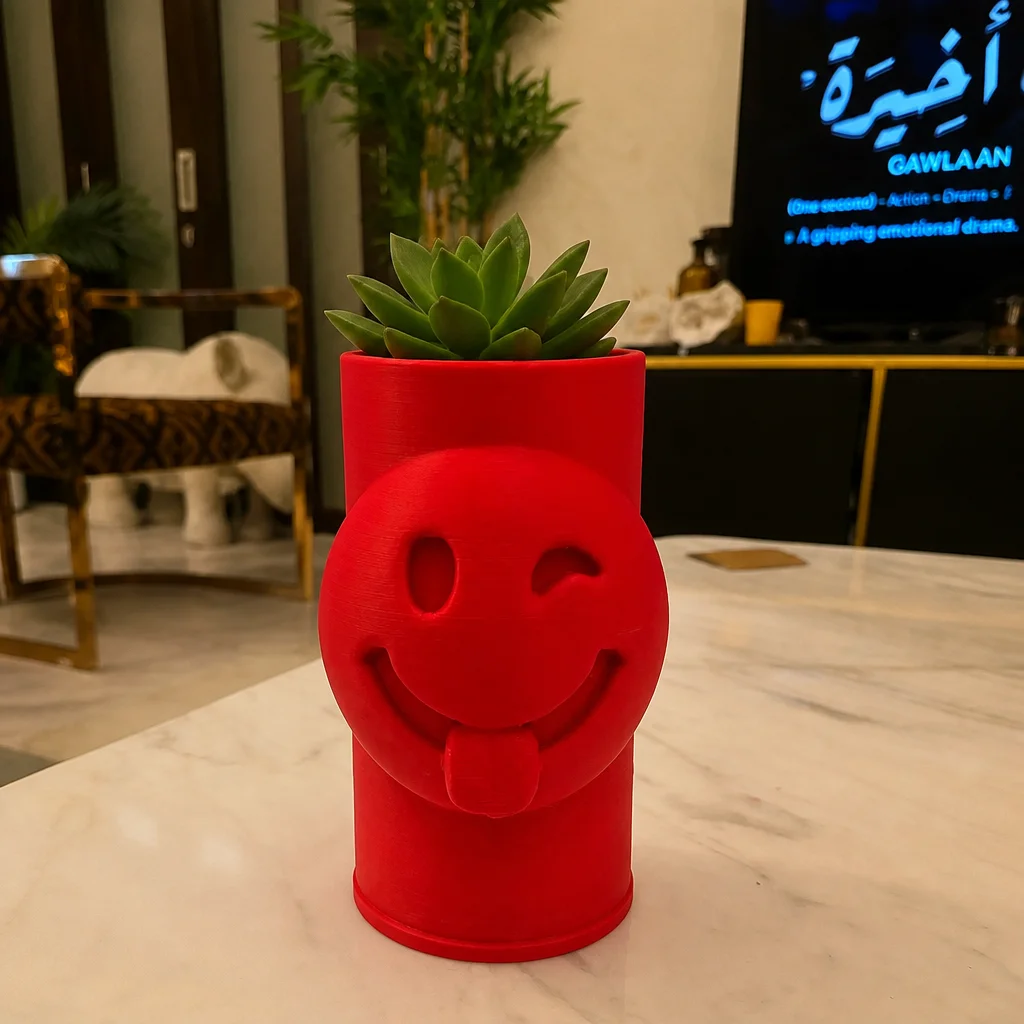 3D Baskı Emoji Planter - Göz Kırpan Yüzlü Sukulent Saksısı-Kırmızı görsel 2