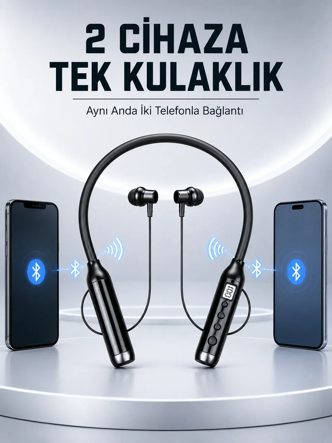 Boyun Bantlı Bluetooth Kulaklık Dijital Ekranlı krofonlu Çift Telefon Bağlantılı Kablosuz Müzik ve Görüşme Kulaklığı