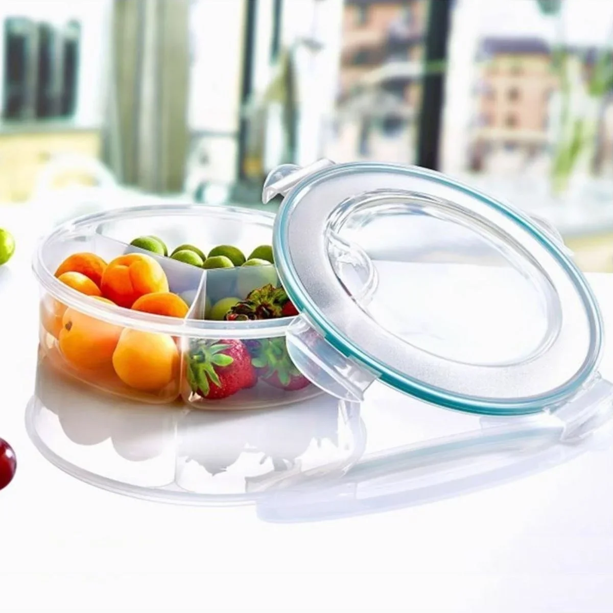 3 Bölmeli Sızdırmaz Contalı Kilitli Kapaklı 1,35 Litre yuvarlak Erzak Saklama Kabı LC-500 görsel 2