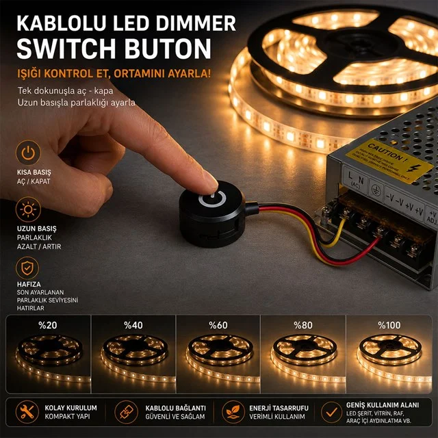 PM-30854 24V DC 13mm Gömme Dokunmatik LED Dimmer Kontrolcüsü Switch Buton Siyah görsel 2