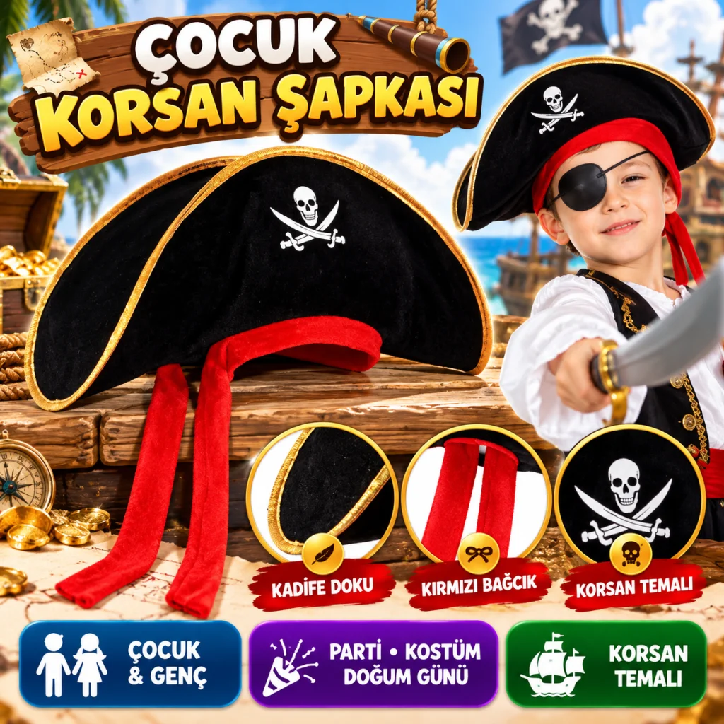 Çocuk Boy Kadife Jack Sparrow Denizci Kaptan Jack Korsan Şapkası 45x16 cm görsel 2