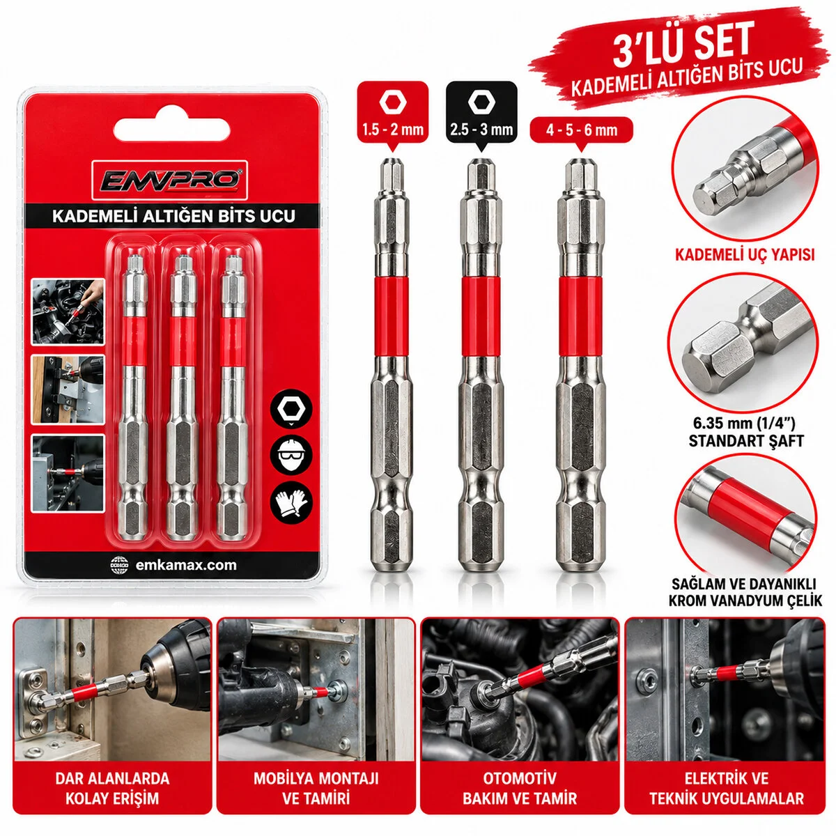 3PCS Kademeli Alyan Bits Ucu - Çok Fonsiyonlu 65MM/2.56 Oın görsel 2