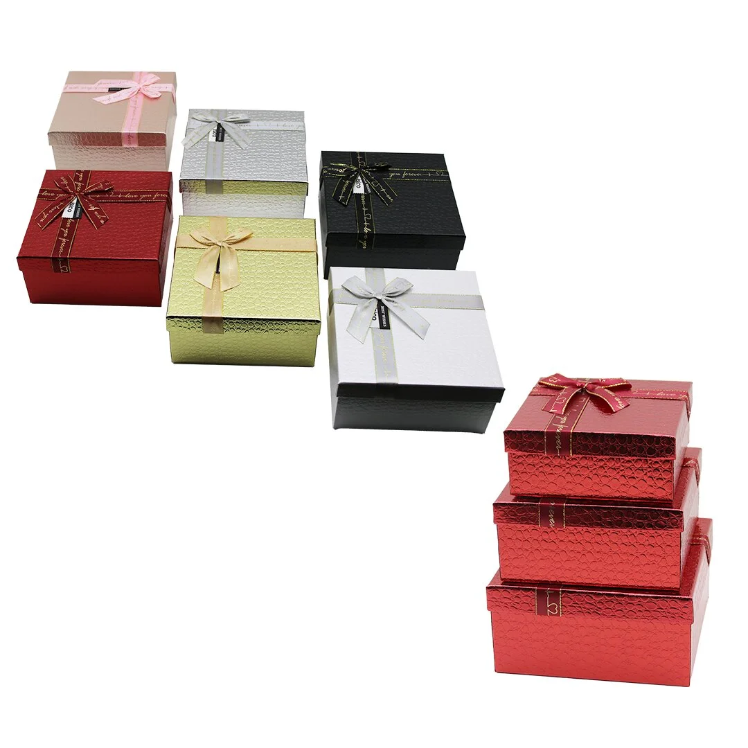 3PCS Kare Parlak x Renkli - Kabartma Desen Karton Hediye Kutusu Kurdelalı 19-17-15CM