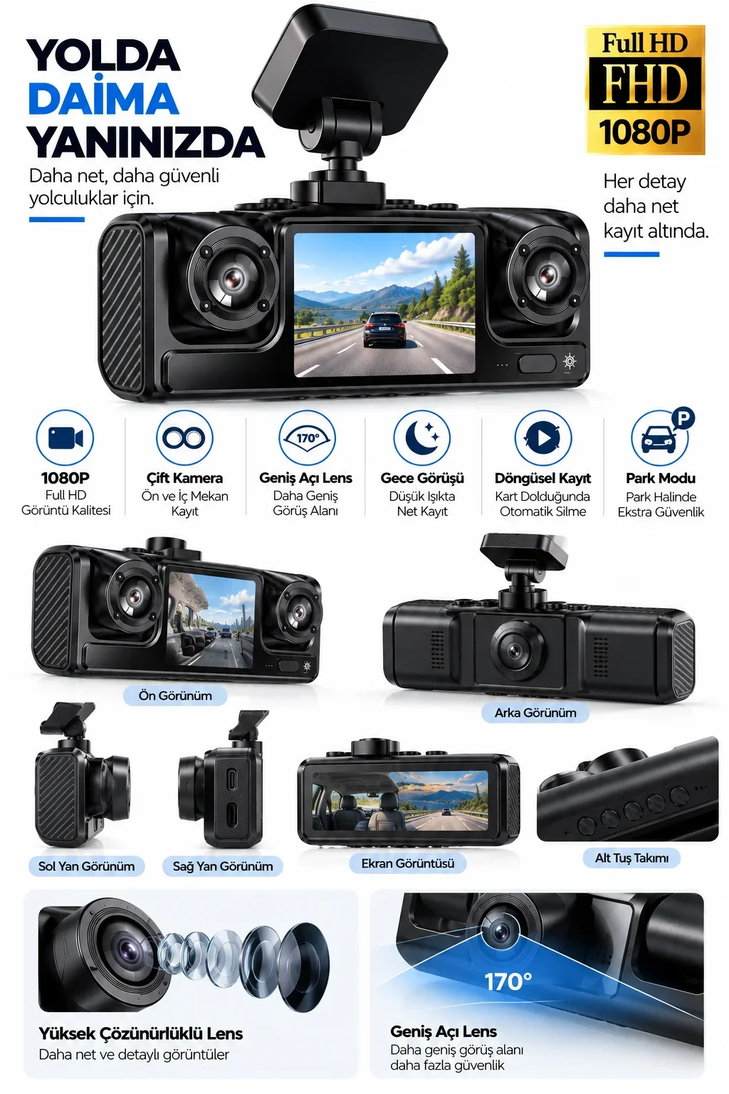 Full HD 1080P Döngüsel Kayıtlı Araç Kamerası görsel 2